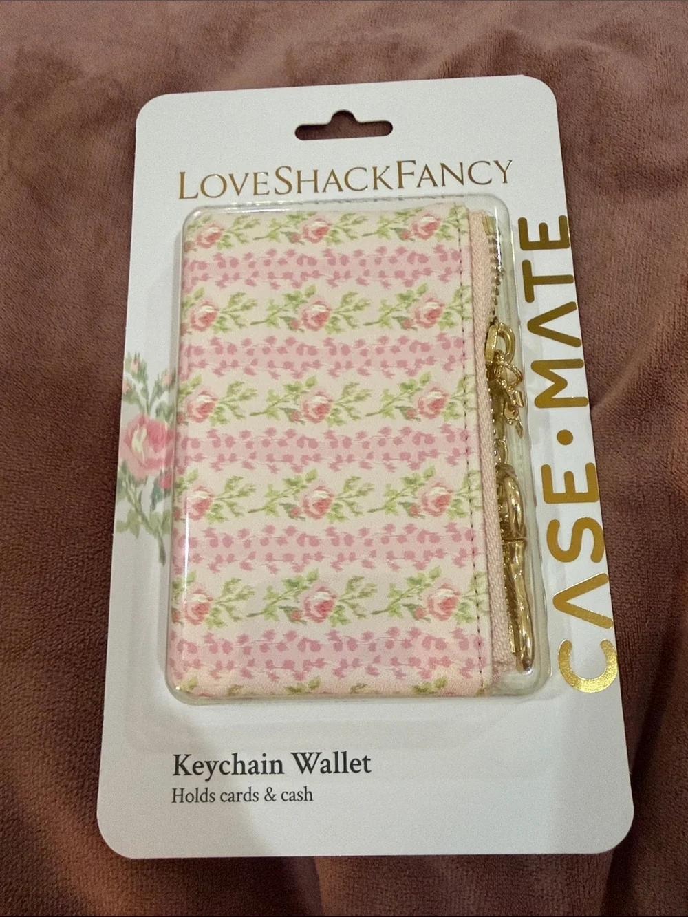 LoveShackFancy Pink Floral Keychain Card Holder with Gold Hardware